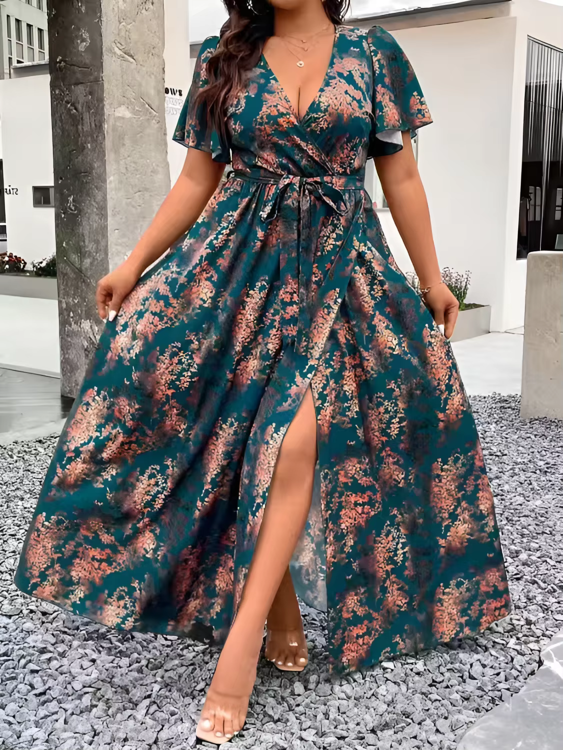 Robe longue élégante à imprimé bohème vert turquoise et marron pour femmes, col croisé, design à our