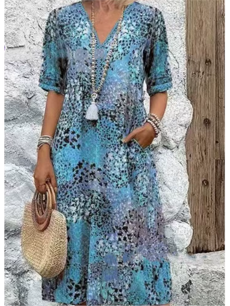 Robe longue imprimée léopard pour femmes, décontractée, mode, col en v, manches courtes, ample, robe