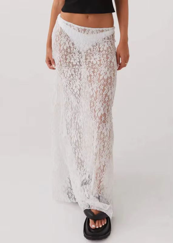 Jupe mi-longue en dentelle florale pour femmes, blanche, transparente, taille basse, y2k, esthétique