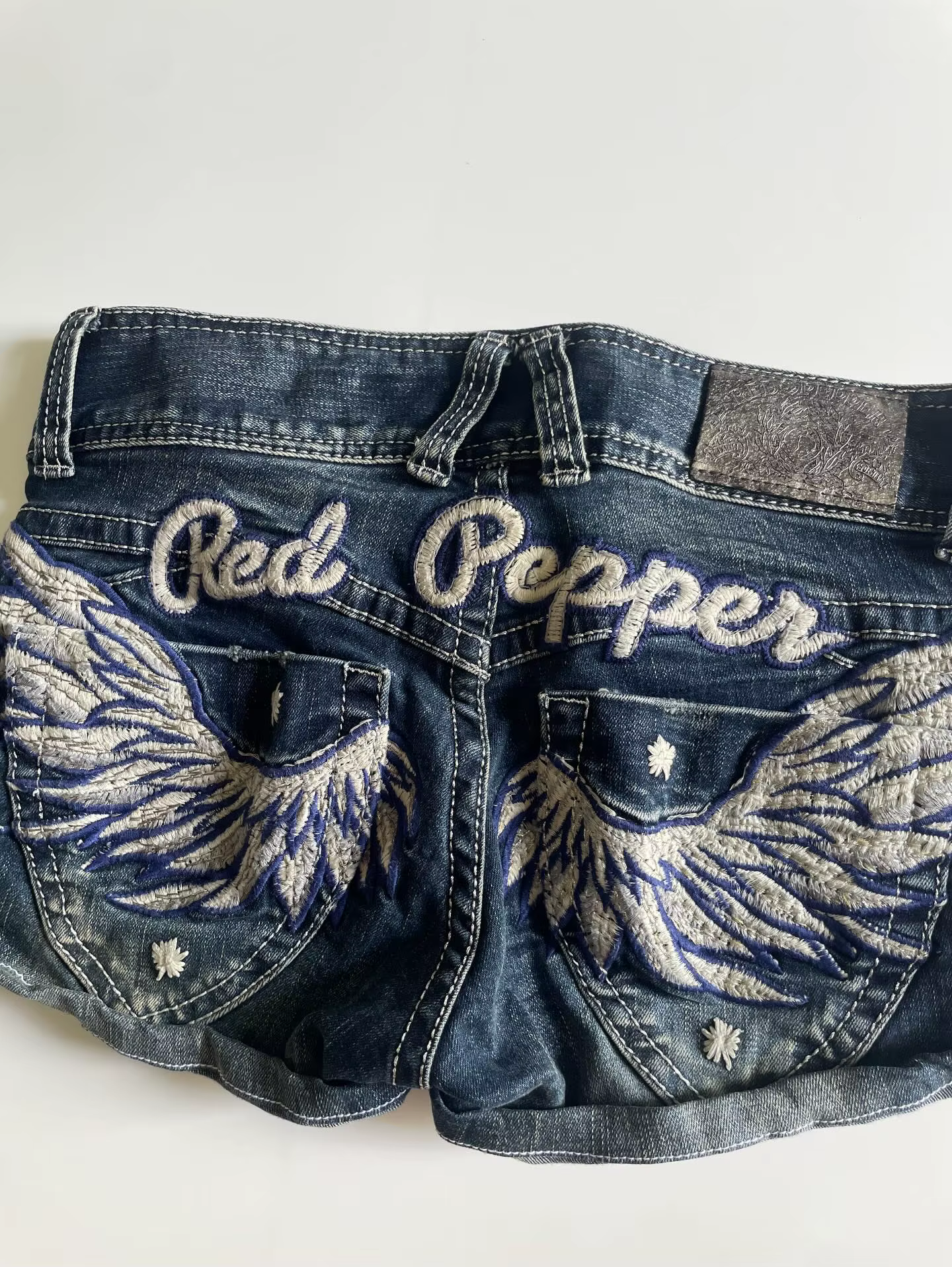 Mini-jupe slim en jean bleu clair taille basse, style Y2K, broderie ailes, vintage, Harajuku