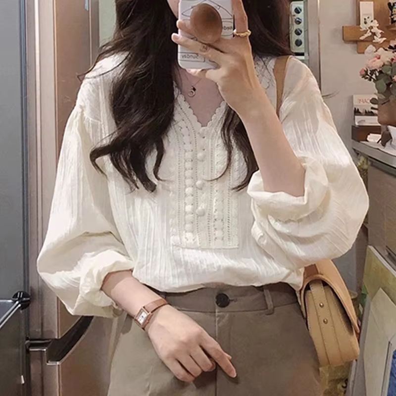 Chemisier en Coton à Manches sulfpour Femme, Élégant, Blanc, Col en V, Décontracté, Lanterne, Bureau
