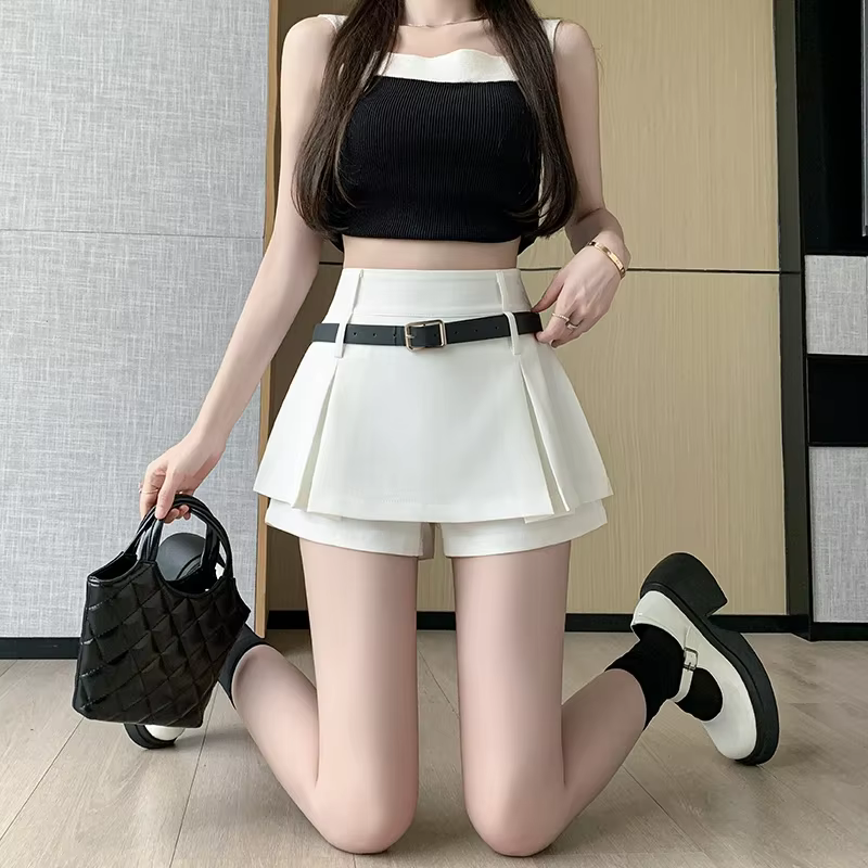 White A-Line Mini Skirt High Waist Pleated Women's Summer Slimming Short Pants Skirt Cute Small Size