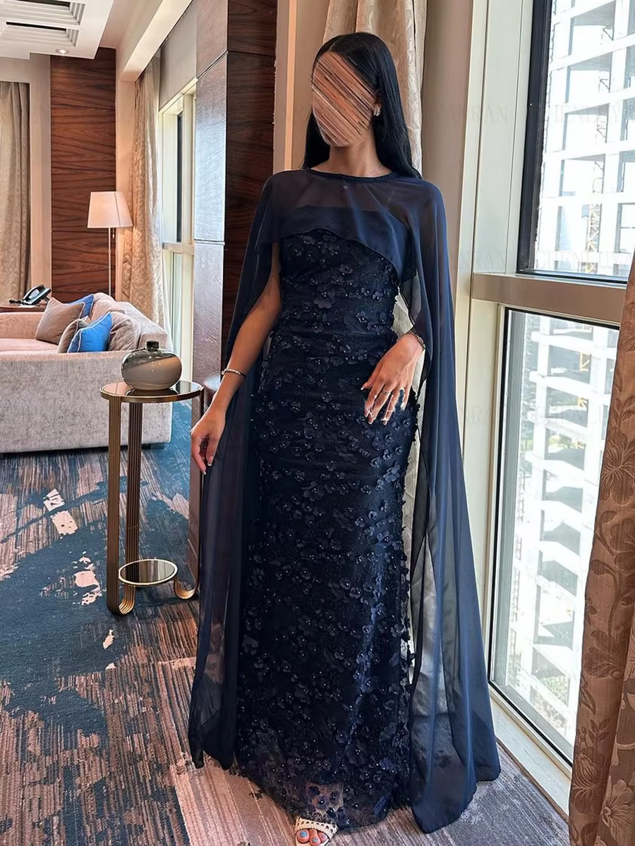 Robes d'occasion formelles sirène bleu marine 2025 col rond robes de bal longues personnalisées avec