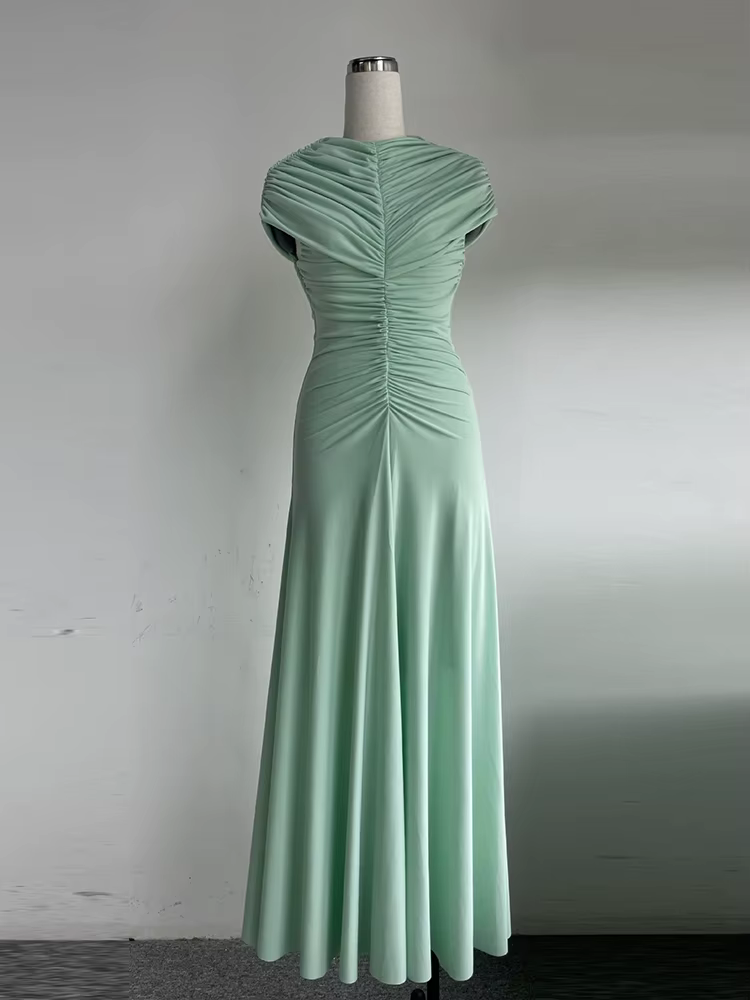Robe longue trapèze plissée, col rond, Sexy, manches courtes, froncée, drapée, élégante, robes de so