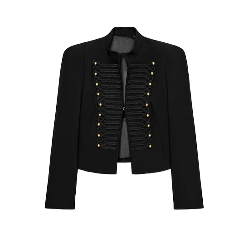 Manteau Napoléon Noir Élégant pour Femme avec Épaulettes, Col Montant et Manches Longues – Collectio