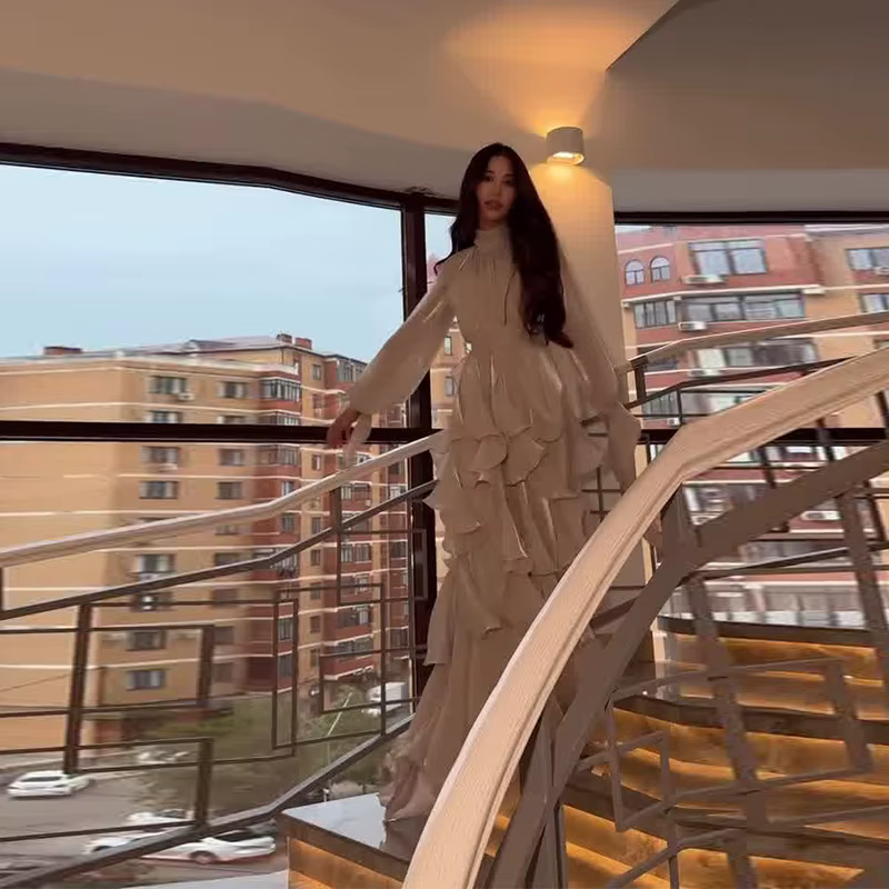 Robe longue en Satin à volants pour femmes, élégante, Design avec ceinture, col roulé, manches longu