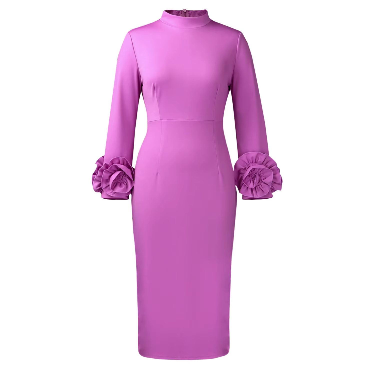 Robe élégante à fleurs 3D à manches longues pour femme, col semi-montant, moulante, pour l'automne e