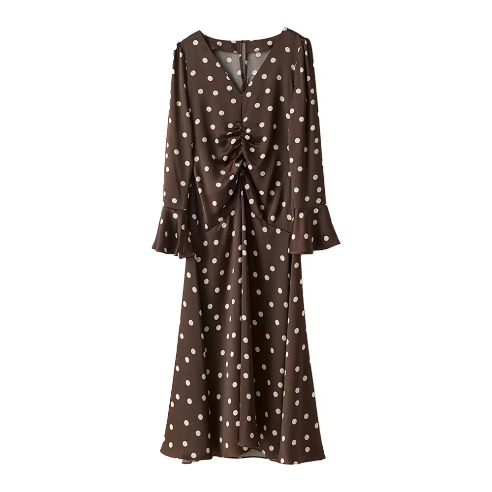 Robe longue à pois, été 2026, nouvelle collection femme, plissée, col en V, manches évasées, taille 
