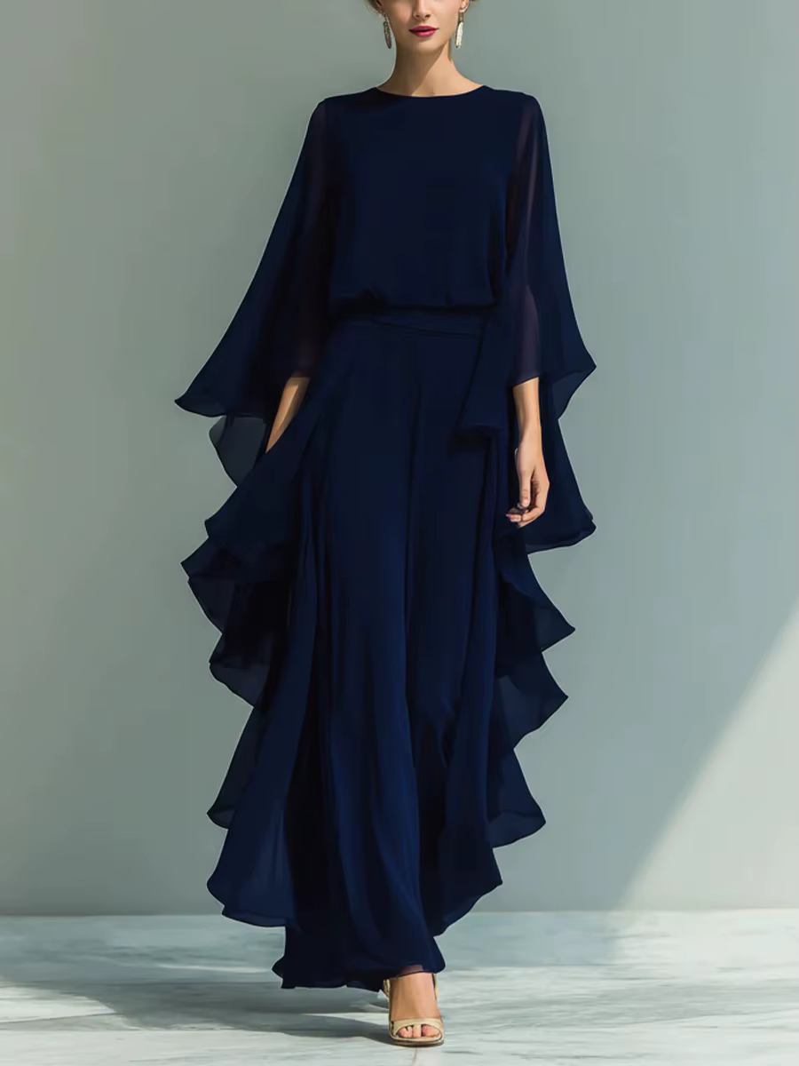 Ensemble haut en mousseline bleu marine et pantalon droit évasé pour femme 2026 avec détail volanté