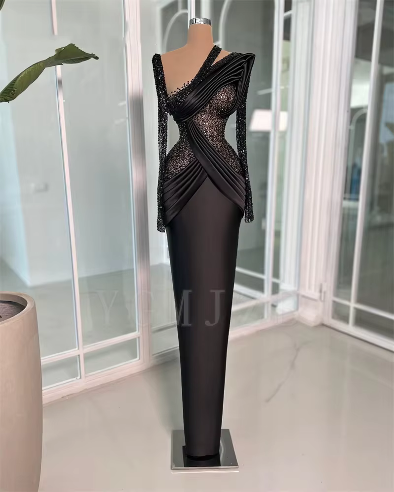 Robes de soirée noires de dubaï, élégantes, manches longues, plis de perles, robes formelles de bal
