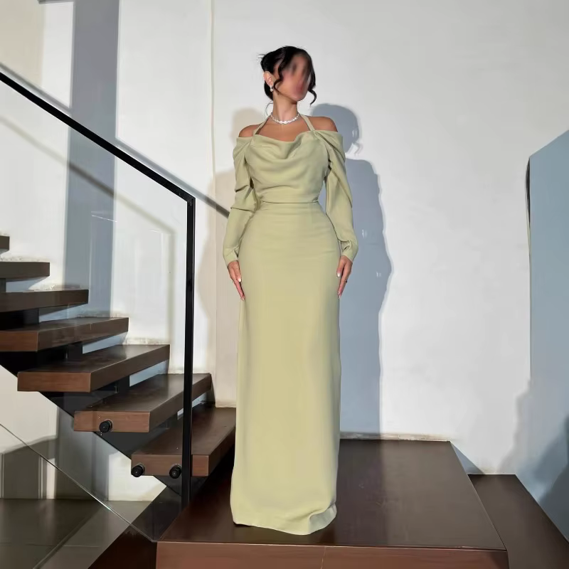 Robe de soirée élégante vert clair, épaules dénudées, Simple, fluide, droite, robe de bal formelle,