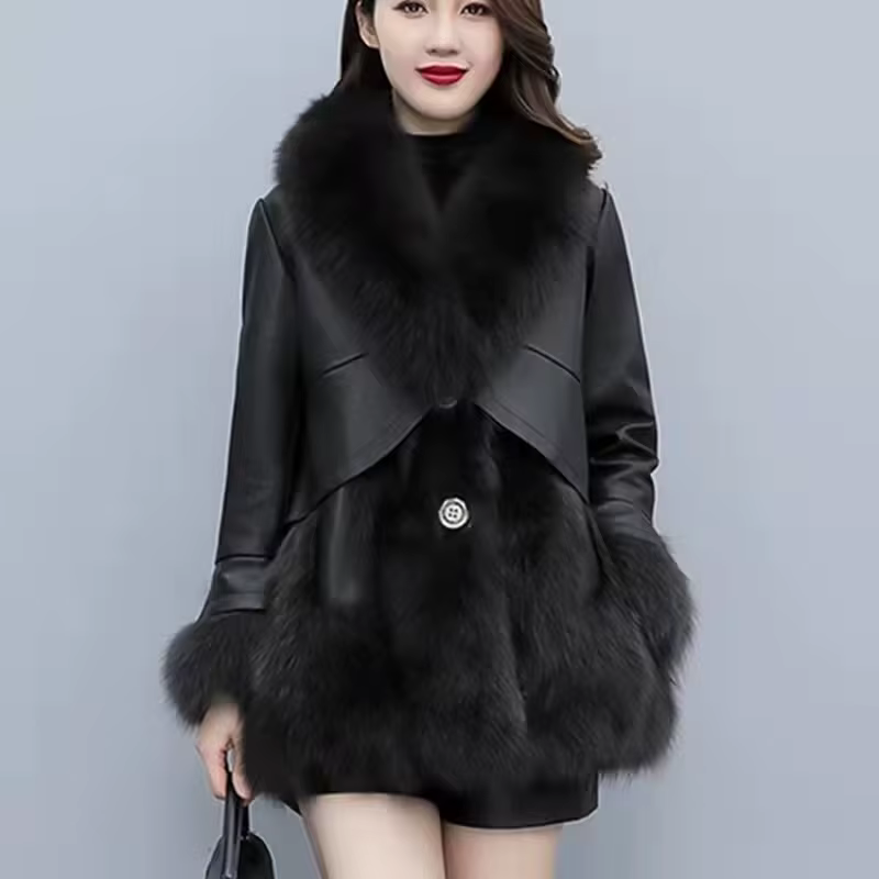2025 femmes mi-long Style fausse fourrure veste hiver femme Pu cuir épissage fourrure vêtements d'ex