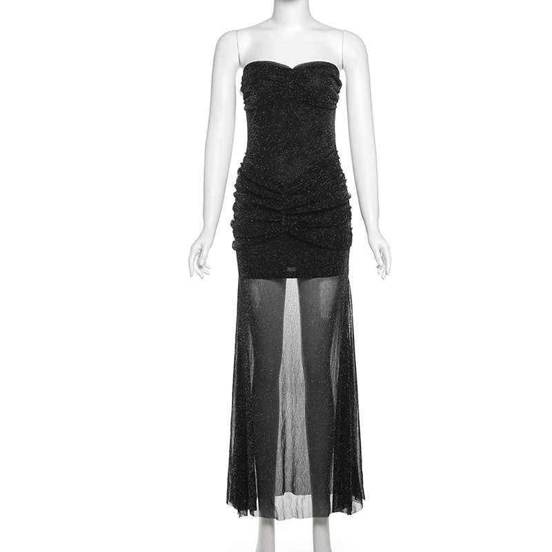 SylCue robe longue en soie brillante femme poitrine enveloppement dos nu sans manches voir à travers