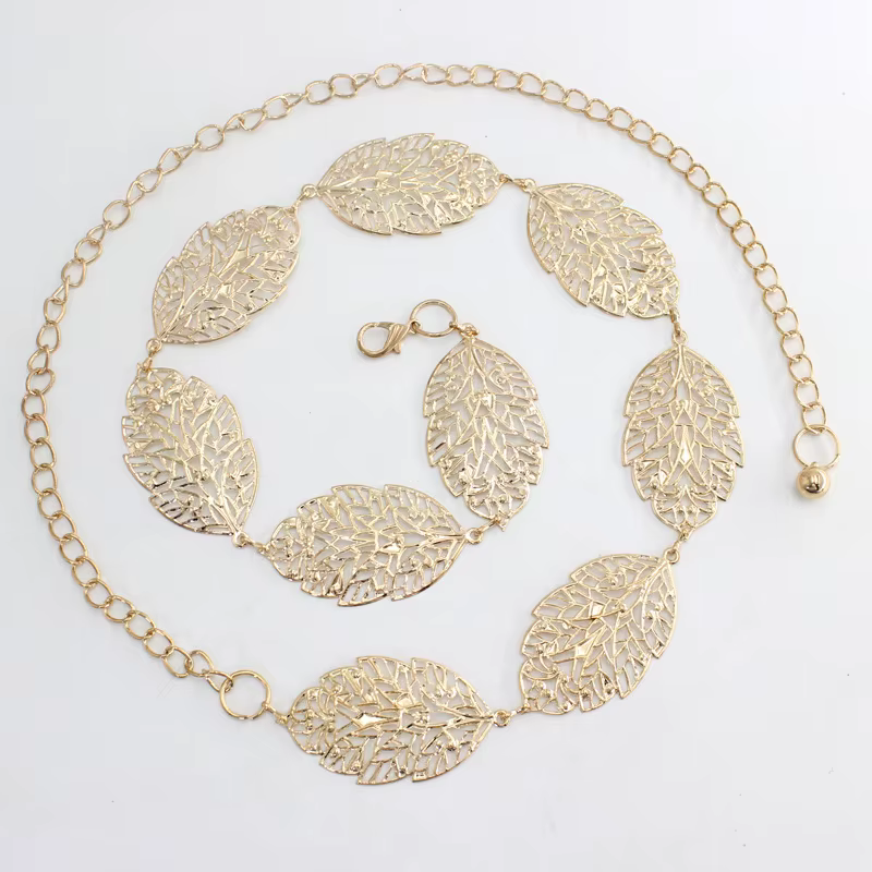 Ceinture ronde en métal pour femmes, élégante, rétro, or, argent, sculpté, chaîne ajourée, longues,