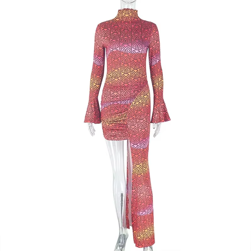 Robe plissée irrégulière à col roulé et manches longues évasées pour femme, taille haute, hanches en