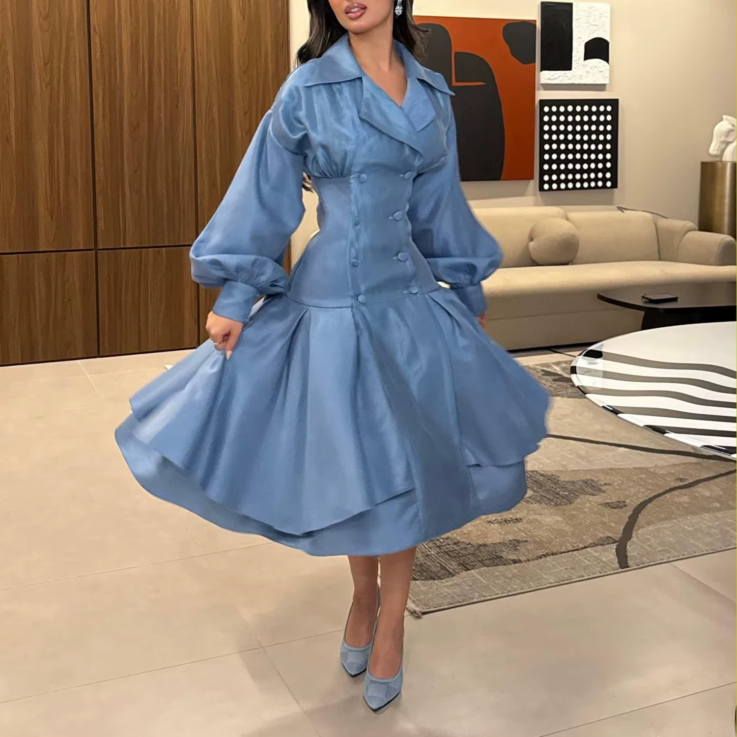 Robe de soirée élégante bleue à col en V, manches longues, ligne A, longueur thé, robe de bal pour f