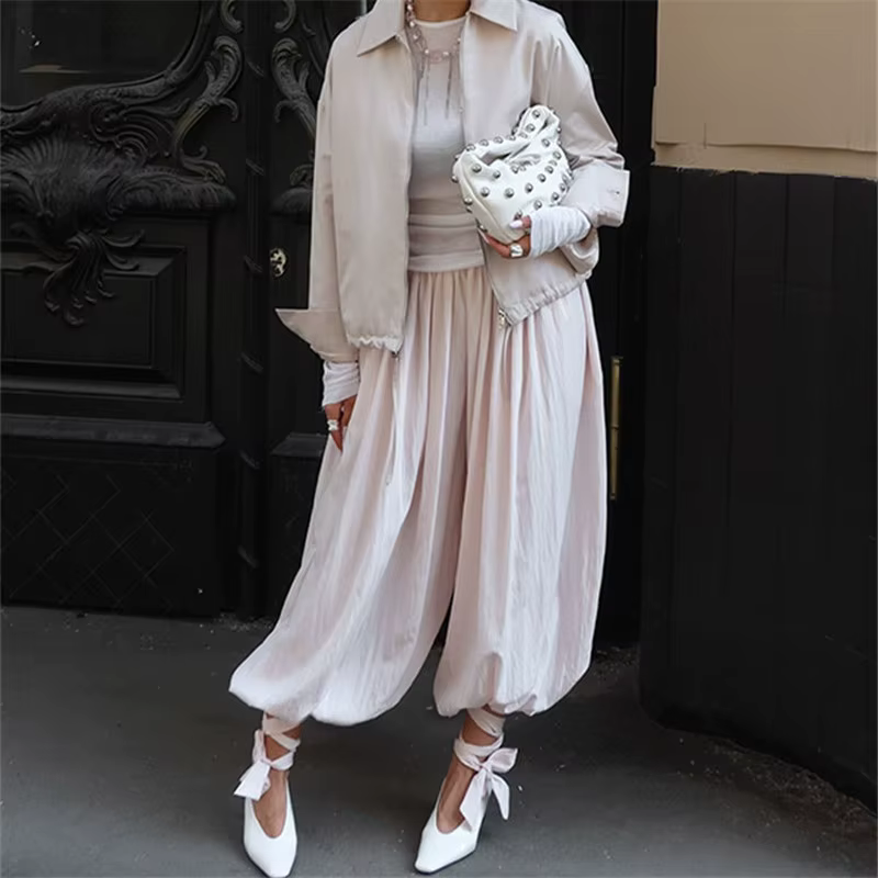 Rétro ample plissé lanterne pantalon femmes décontracté solide taille haute ballon pantalons longs f
