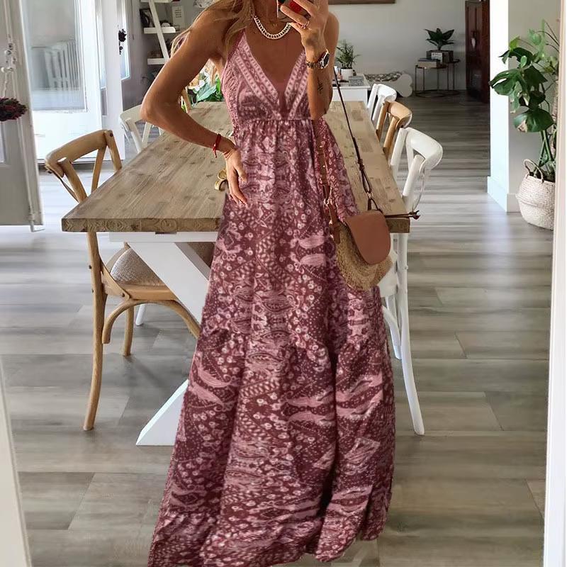 Robe longue femme style bohème 2026, col en V, taille haute, imprimé floral, maxi, nouveau style eur