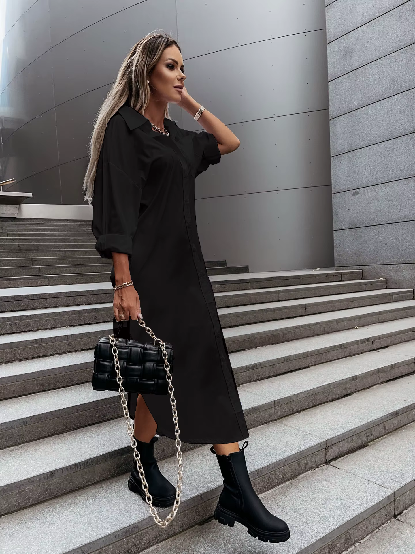 Robe chemise à manches longues pour femme avec col rabattu et boutons sur le devant - Robe midi chic