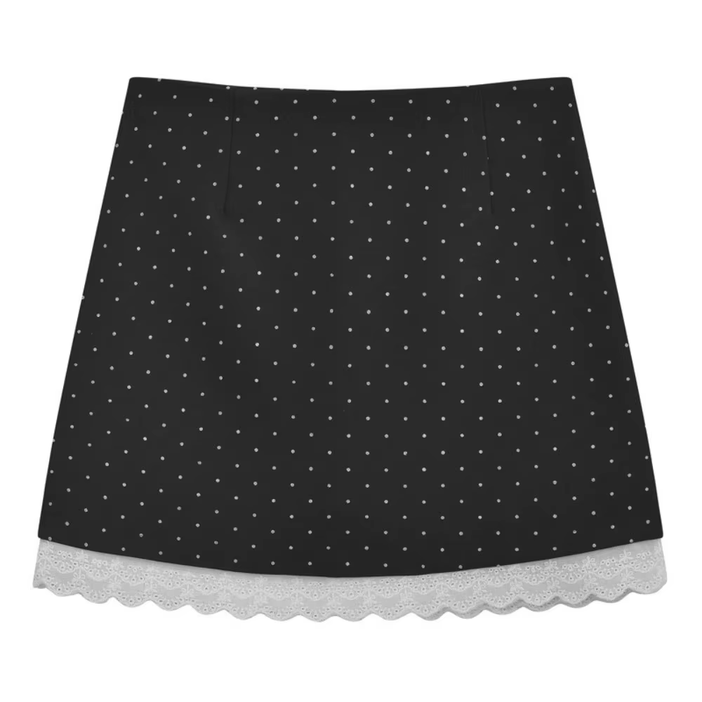 Mini-jupe élégante à taille haute, motif à pois, jupe en dentelle, volants en dentelle, style rétro,