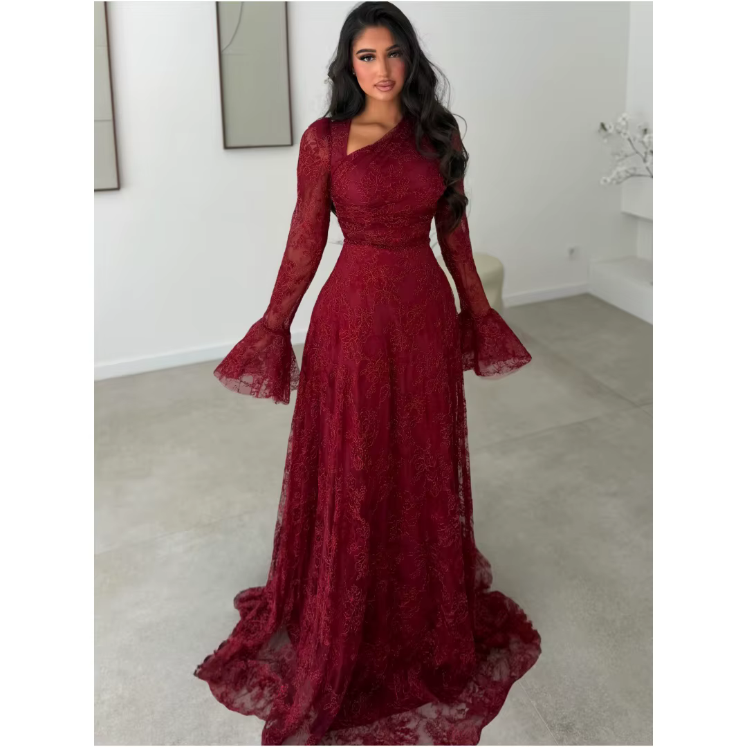 Robes de soirée en dentelle rouge, manches longues, robe de bal, ligne A, longueur au sol, robe de s