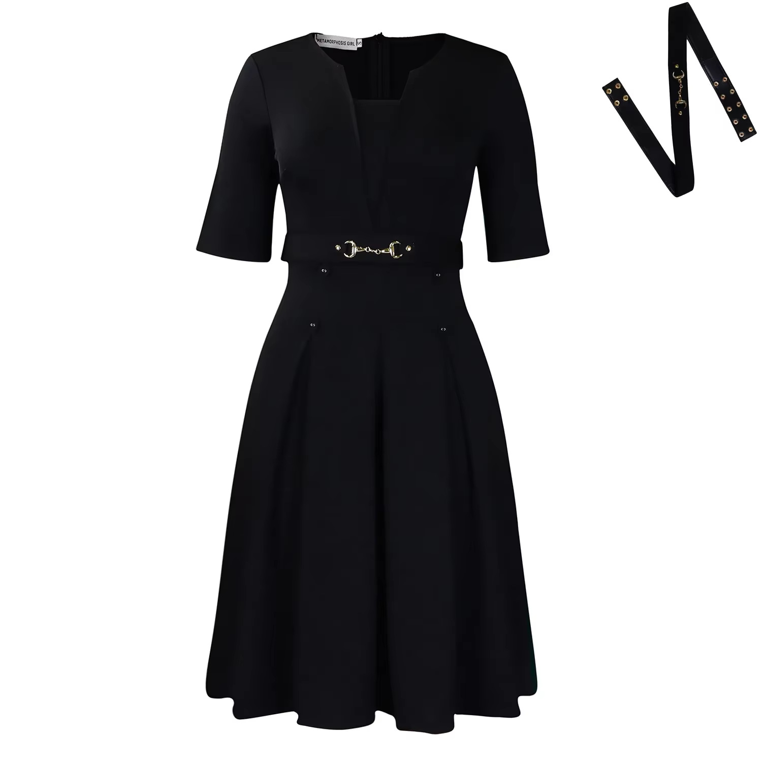 Nouvelle Robe Mi-Longue Kaki Femme avec Ceinture, Col en V, Coupe Évasée, Manches Courtes, Style Bur