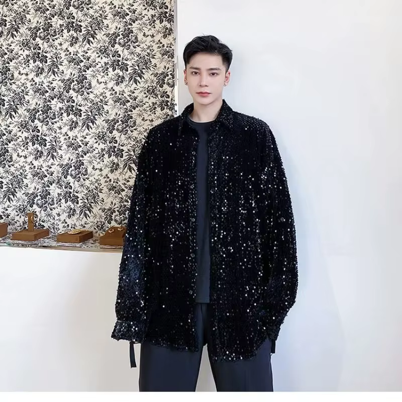 Chemise à paillettes pour homme à manches longues avec détail en ruban - Coupe ample et oversize, ha