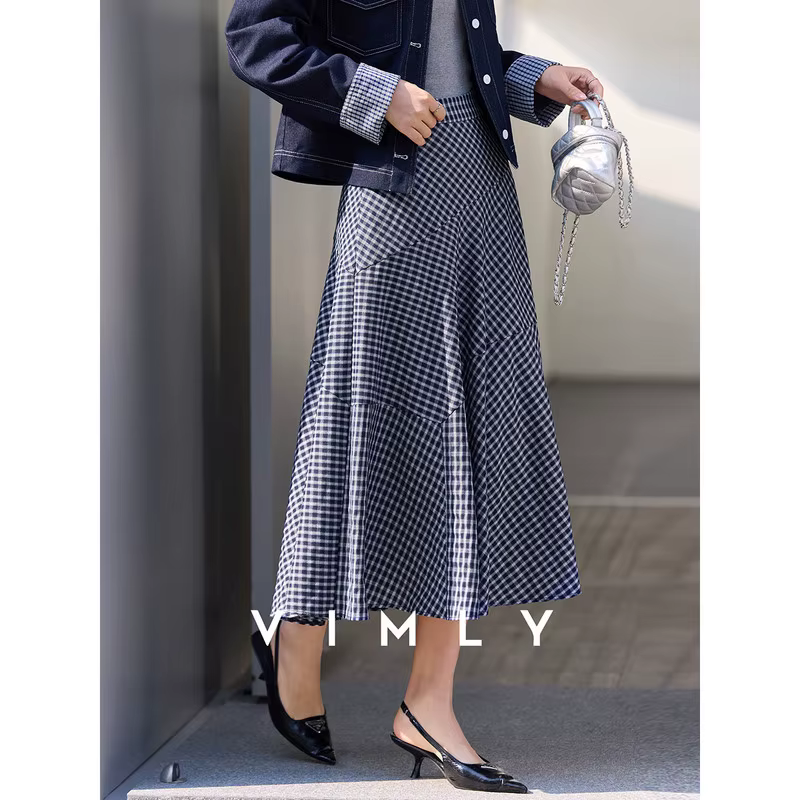 Jupe longue décontractée VIMLY pour femme, style français, à carreaux marine, coupe trapèze asymétri