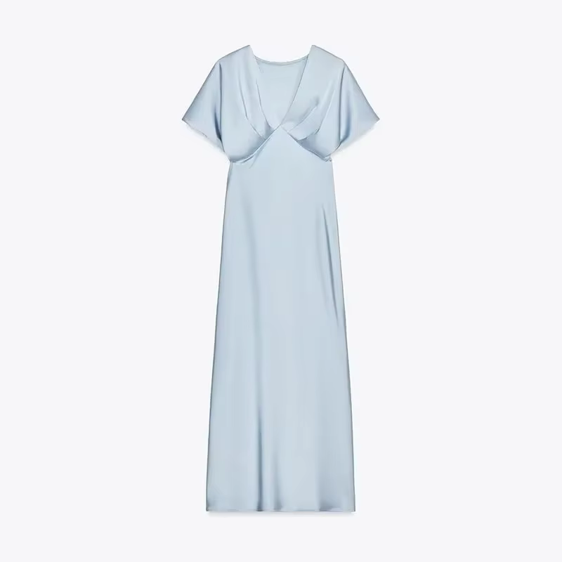 Robe longue en Satin plissée pour femmes, élégante, couleur unie, col en v, manches courtes, Robes d