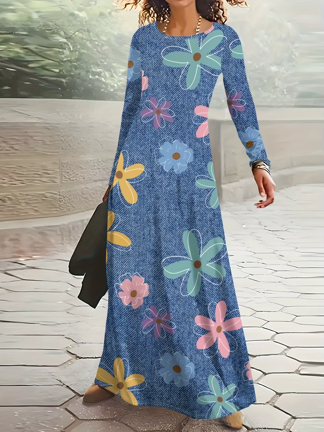 Robe à manches longues pour femme, style décontracté pour les vacances, robe midi fluide avec ceintu