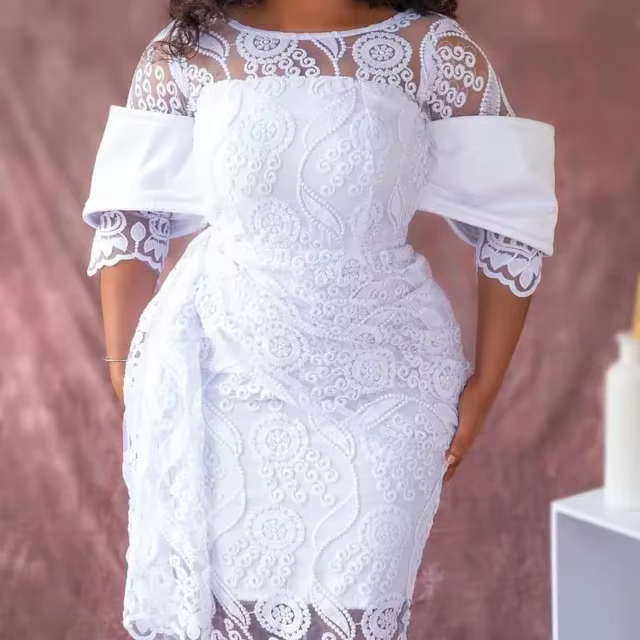 Robe mi-longue brodée à col rond pour femmes, robes vintage en dentelle blanche, tunique GT Hip, rét