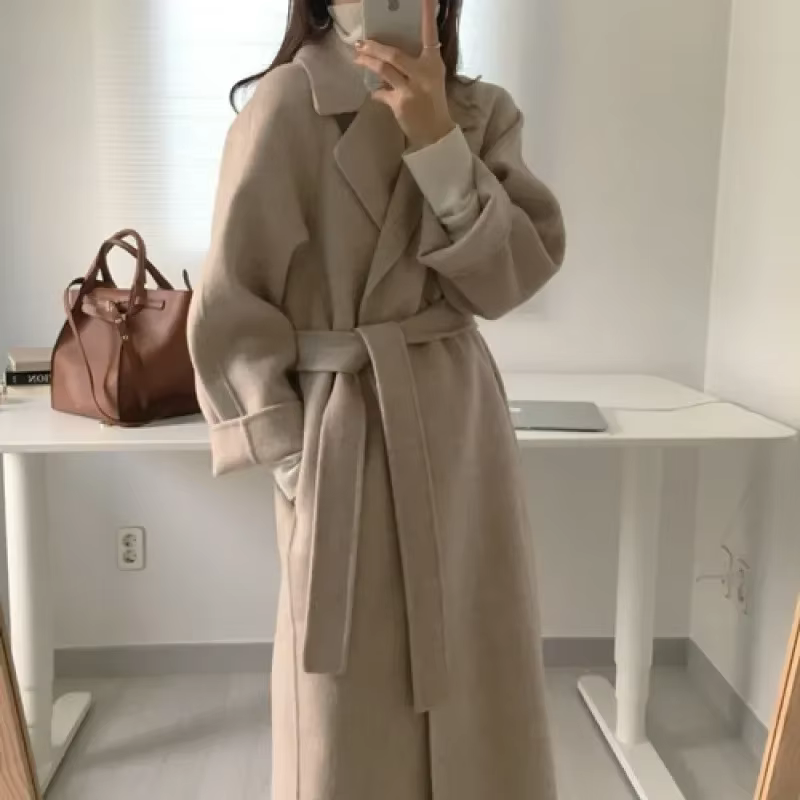 Manteaux longs en laine pour femmes, taille Midi, ceinture à lacets, mélange d'épissure, Cardigan à 