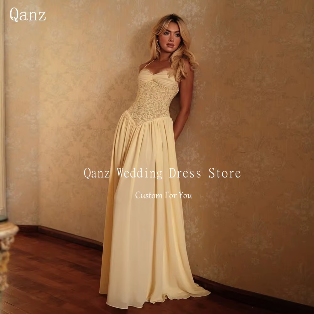 Qanz – robe de soirée Boho en mousseline de soie pour femmes, longue, ligne A, avec appliques en den