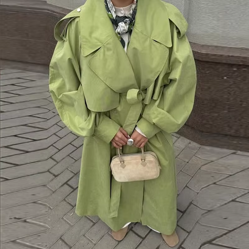 Élégant vert ceinture solide femmes coupe-vent manches longues à lacets Trench Double boutonnage dam