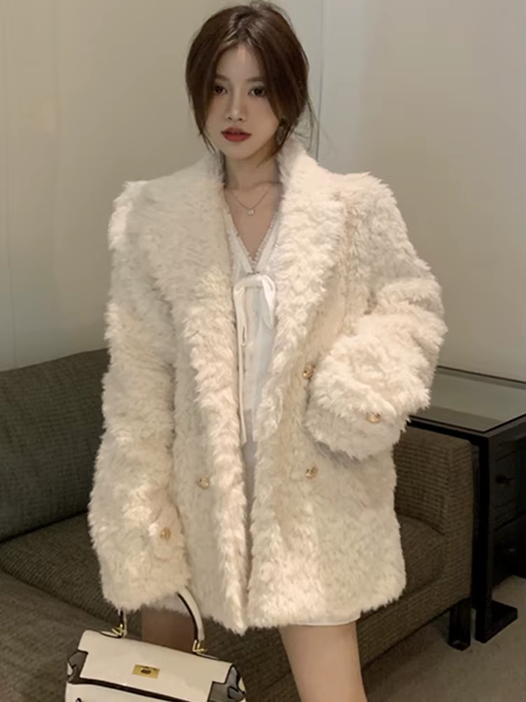 Lautaro-Manteau moelleux en fausse fourrure pour femme, mi-long, chaud, épais, doux, revers, manches