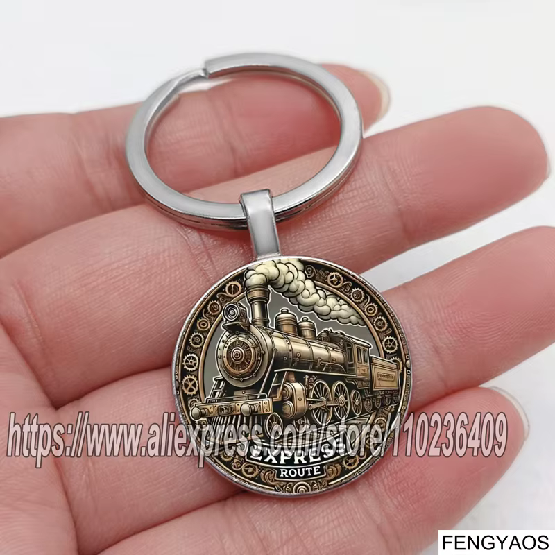 Porte-clés vintage imprimé plat en forme de train, locomotive élégante en alliage de zinc avec détai