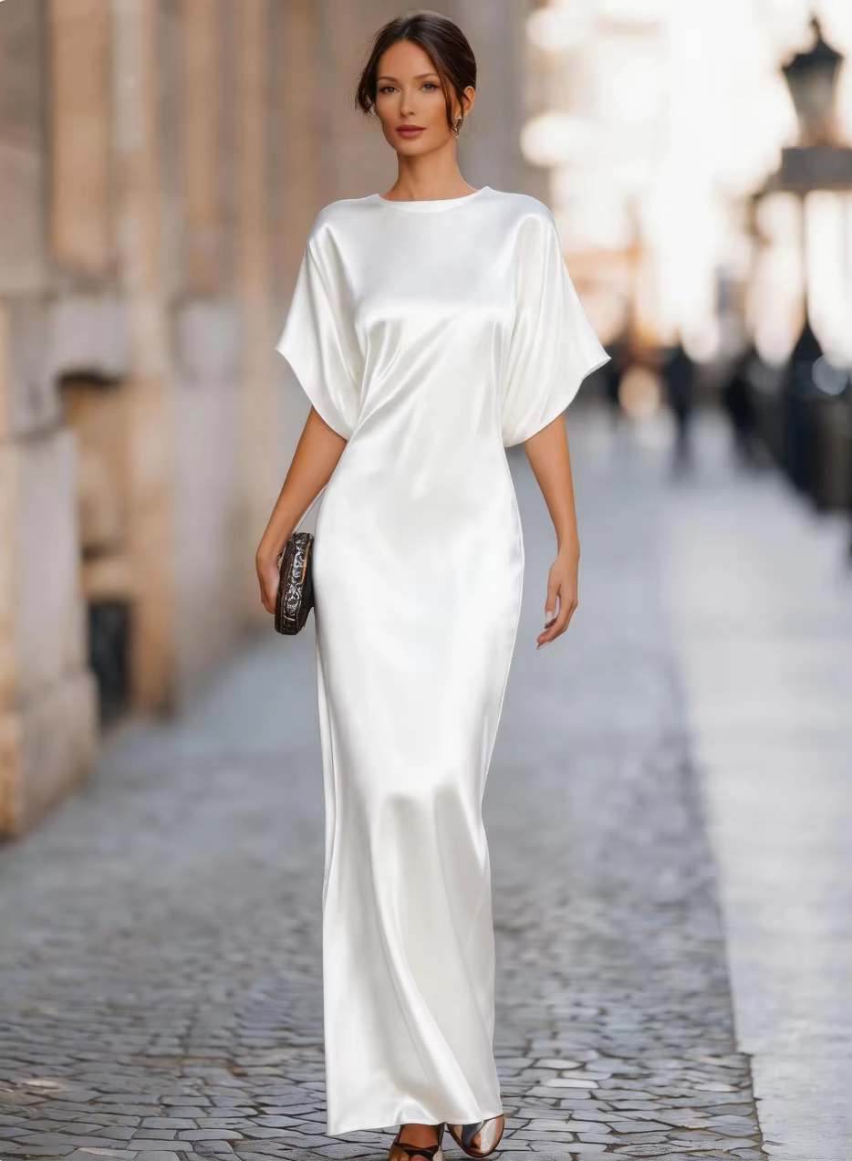 Robe longue en satin pour femme, manches chauve-souris courtes, élégante robe de soirée fluide, tenu