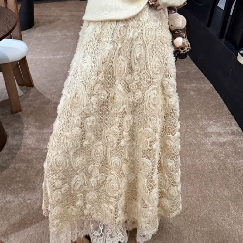 Jupe en dentelle florale pour femmes, style français, broderie ajourée, jupe à fleurs, printemps aut