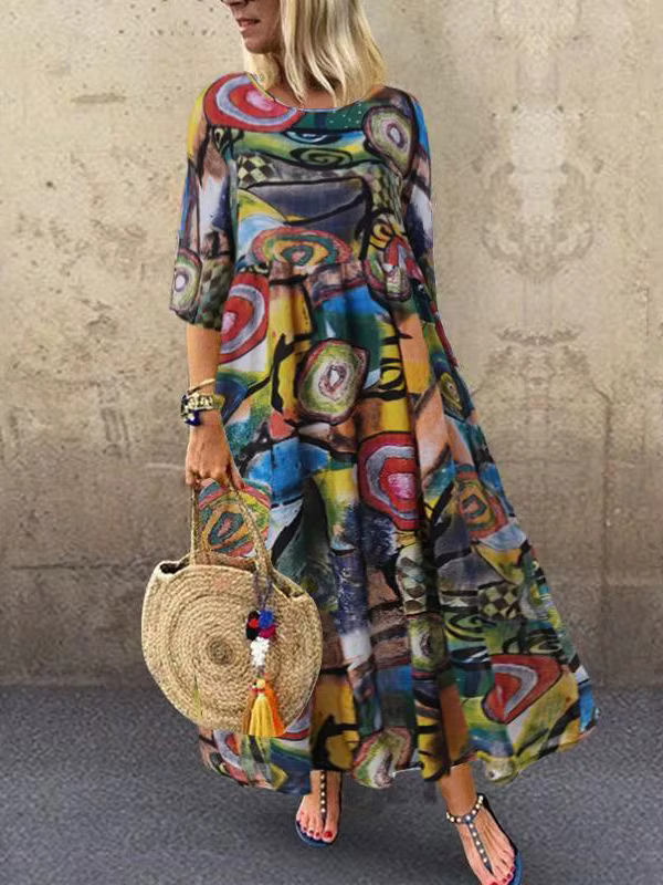 2025 automne été ZANZEA Robe plissée femmes Vintage robes Robe imprimé longues Maxi robes Femme 3/4 