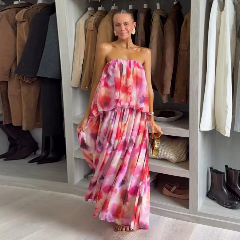 Robe longue imprimée pour femme, style bandeau épaules dénudées, dégradé de couleurs, style accroche