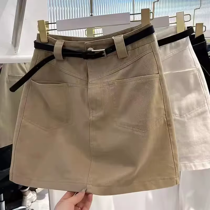 Jupe en jean kaki taille haute coupe trapèze mini pour femme, jupe courte d'été anti-transparence en