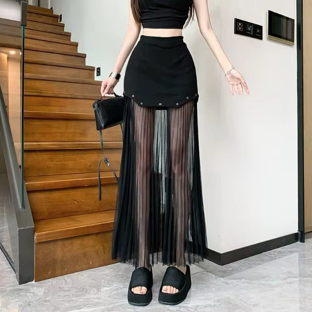 Jupe moulante en maille épissée pour femmes, noire d'été, semi-transparente, Sexy et élégante, Style
