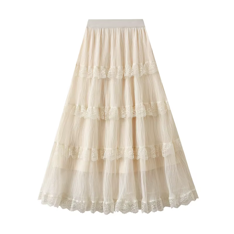 Fée plissée maille gaze Patchwork dentelle jupe femmes mode 2025 printemps été nouveau taille haute