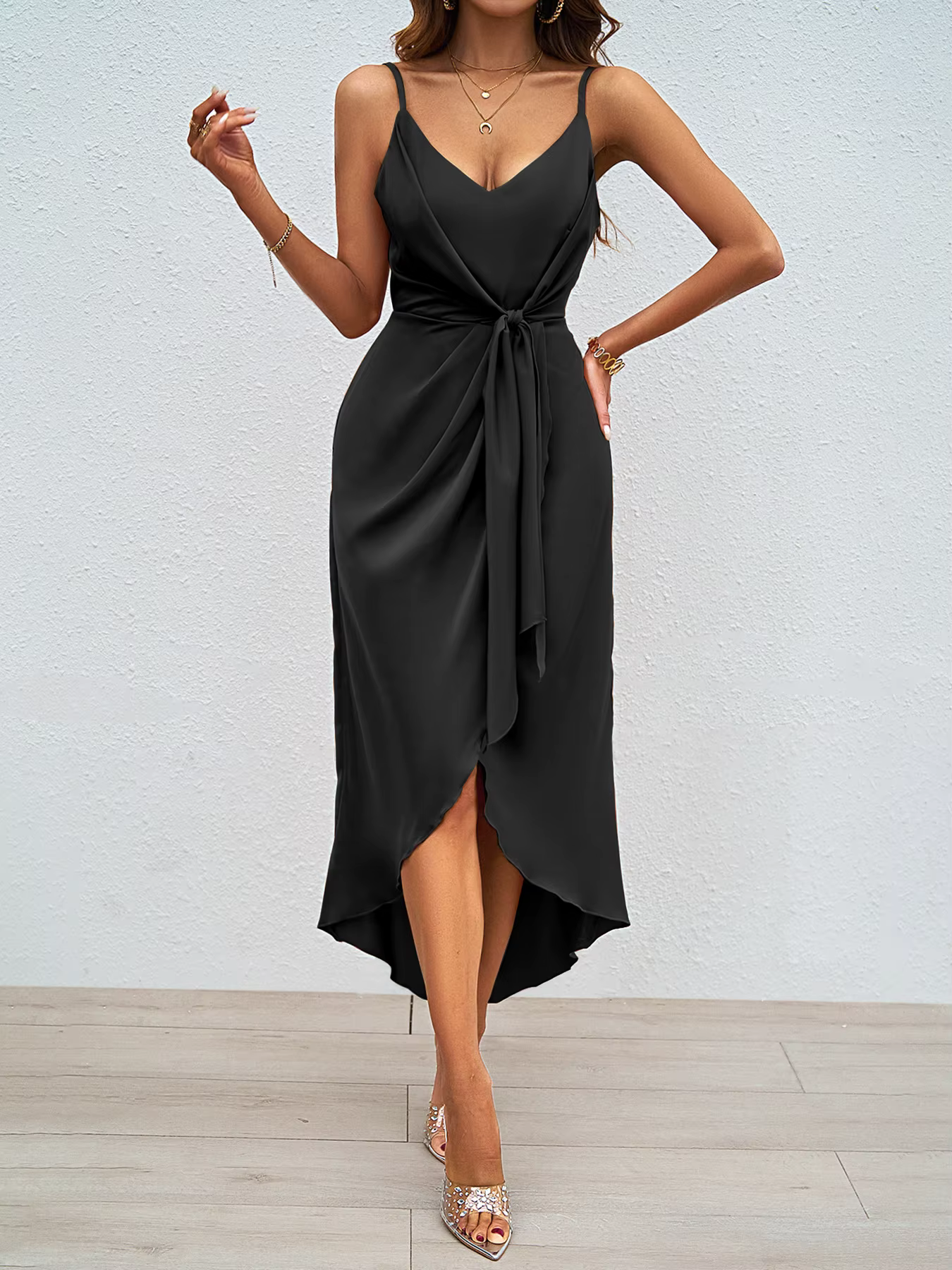 Robe de cocktail en fibre de satin pour femme, col en V, sexy, fendue sur le devant, longueur de rin