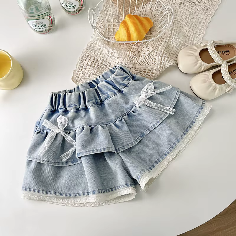 Jupe à plusieurs niveaux en denim pour filles, avec bordure en dentelle
