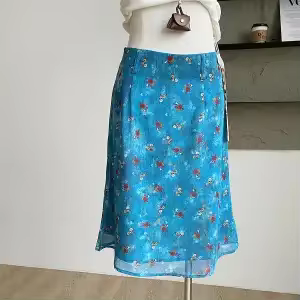 Jupe midi à imprimé floral bleu pour femme, taille haute, en mousseline de soie, coupe évasée, décon