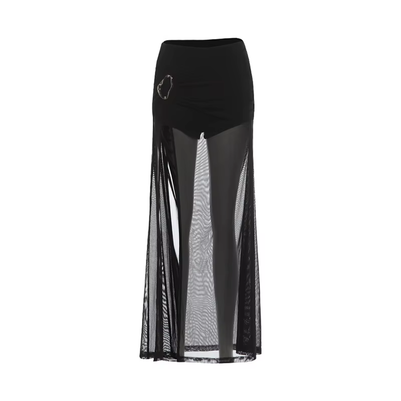 Jupe longue transparente tendance Y2K Grunge, style patchwork en maille, ourlet plissé, fente, moula