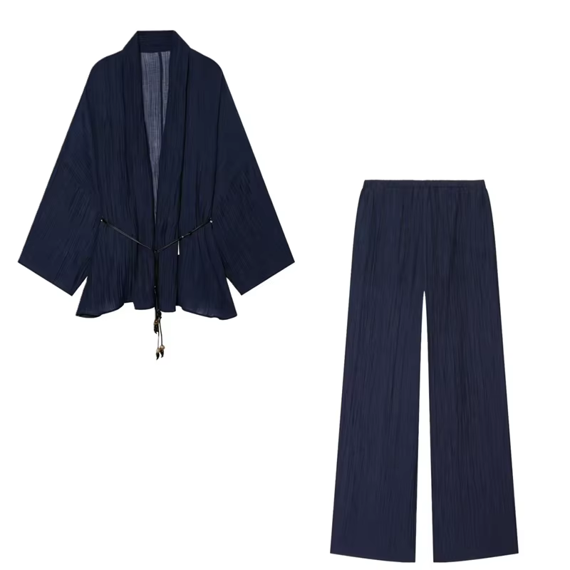 Ensemble tailleur femme été 2026 : Nouveauté bleu marine, cardigan ample à manches longues et pantal