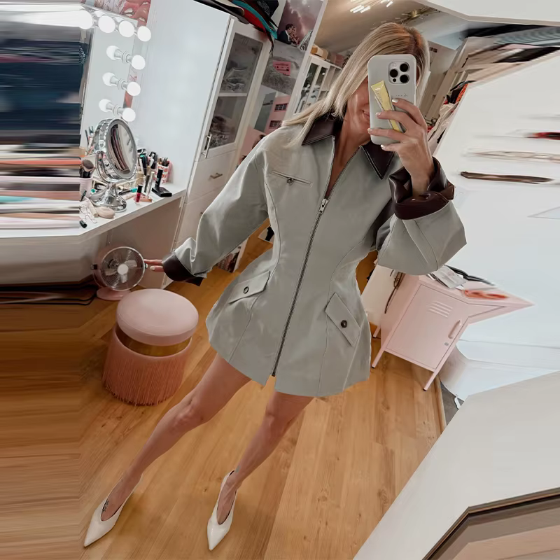 Veste polyvalente à revers pour femmes, manches longues, fermeture éclair élégante, coupe cintrée, C
