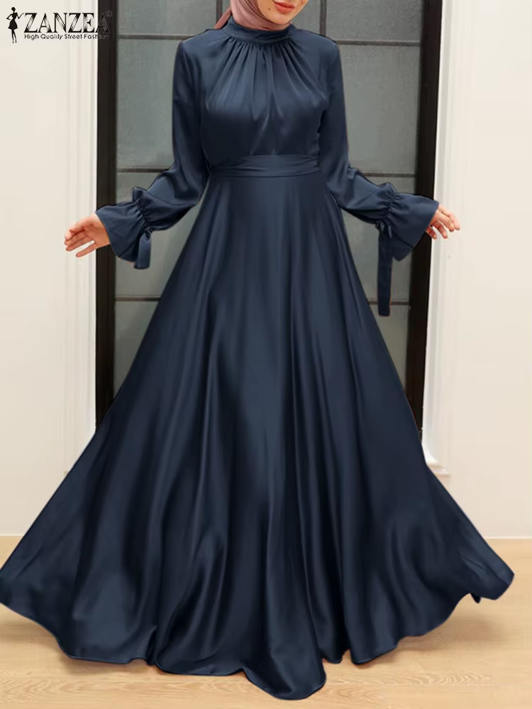 ZANZEA-Robe Longue en Satin Élégante pour Femme, Mode Musulmane, Taille Cintrée, Hijab, Abaya Islami